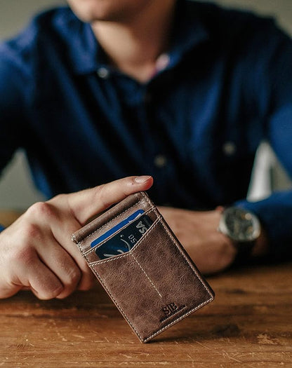 SERMAN BRANDS RFID Blocking Wallet Slim Bifold - Genuine Leather Minimalist Front Pocket Wallets for Men with Money Clip Gift (Morning Roast)