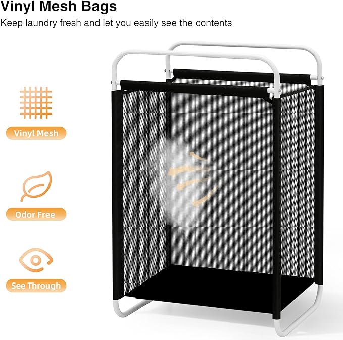 STO STO Laundry Hamper, 75L Laundry Basket with Vinyl Mesh Bag, Lightweight Portable Dirty Clothes Hamper, Laundry Bin with Metal Frame for Laundry Room, Bedroom, Closet and Dorm, Black Mesh