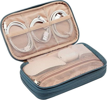 NISHEL Travel Cord Organizer Case, Double Layers Tech Electronic Bag, Essentials for Charger, Cable, Phone, Flash drive, Medium, Lake-Blue