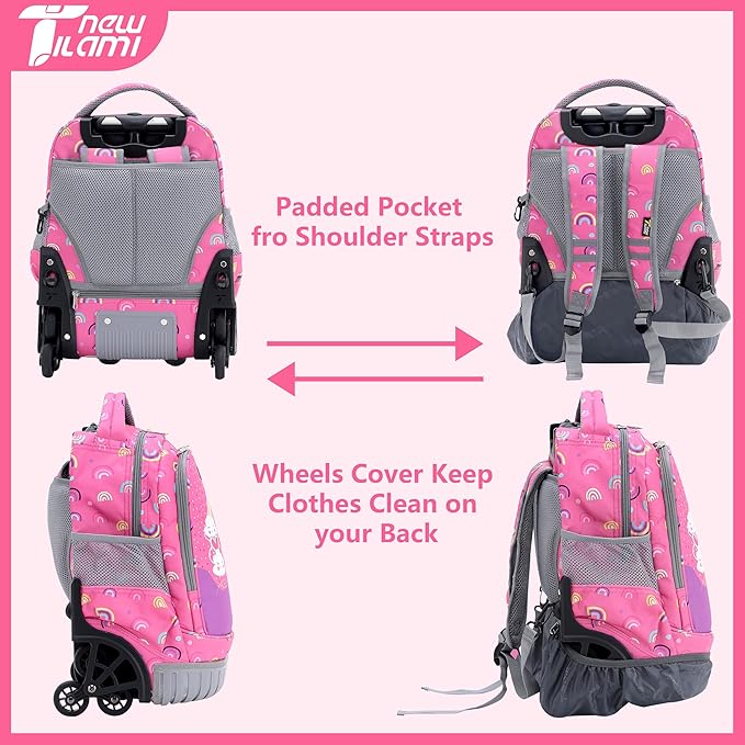 NEW TILAMI 16 Inches Rolling Backpack for Kids Adjustable Laptop Luggage with Wheels for Girl Boy School Travel Camping Boys Rolling Backpack Rainbow Unicorn