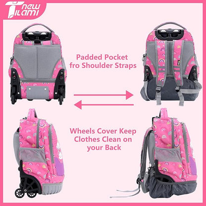 NEW TILAMI 16 Inches Rolling Backpack for Kids Adjustable Laptop Luggage with Wheels for Girl Boy School Travel Camping Boys Rolling Backpack Rainbow Unicorn