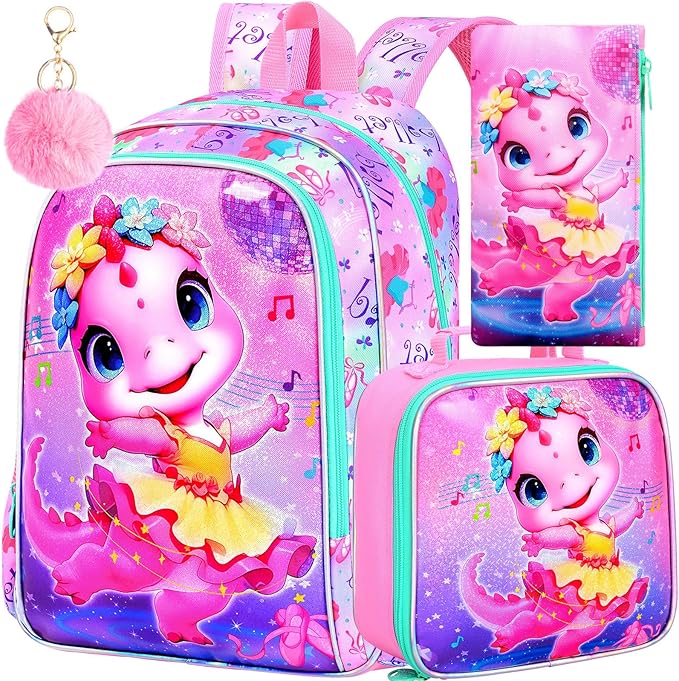 WZLVO 3PCS Kids Backpack for Girls, Unicorn Dinosaur Animal Prechool Elementary Kindergarten School Bookbag with Lunch Box