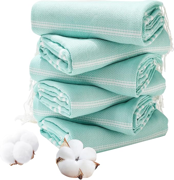 Genovega 6 Packs Oversized Turkish Beach Towels Set 74"x38" Extra Large Sand Free Quick Dry Absorbent Swim Bath Pool Towel Adult Blanket Travel Essentials Accessories Vacation LightGreen Stripe
