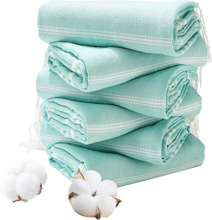 Genovega 6 Packs Oversized Turkish Beach Towels Set 74"x38" Extra Large Sand Free Quick Dry Absorbent Swim Bath Pool Towel Adult Blanket Travel Essentials Accessories Vacation LightGreen Stripe
