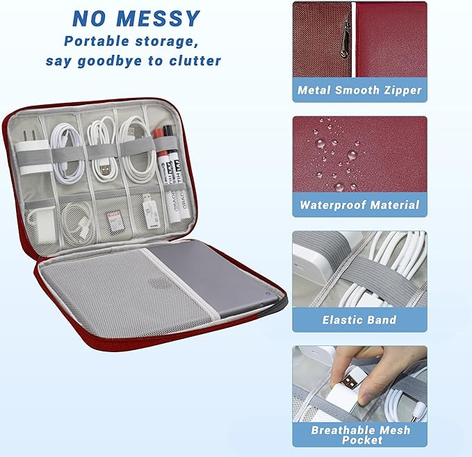 Electronics Organizer,Travel Cord Organizer Pouch, Portable Cable Organizer Bags, Waterproof Electronic Accessories Storage Case for Cables, Cords, Charger, Phone (Single Layer-Large-Winered)