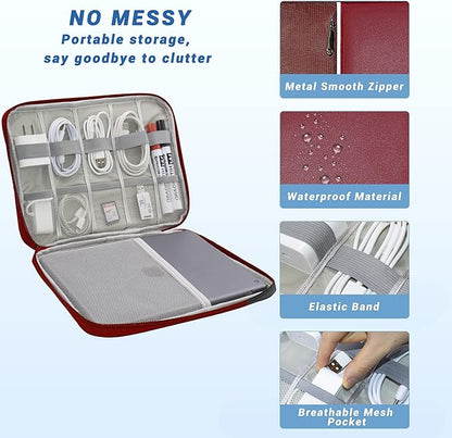 Electronics Organizer,Travel Cord Organizer Pouch, Portable Cable Organizer Bags, Waterproof Electronic Accessories Storage Case for Cables, Cords, Charger, Phone (Single Layer-Large-Winered)