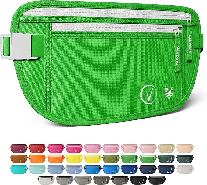 Vantamo Money Belt with RFID For Men & Women, Hidden Passport Holder for Travel, 2 Compartment Travel Fanny Pack for Women Anti Theft