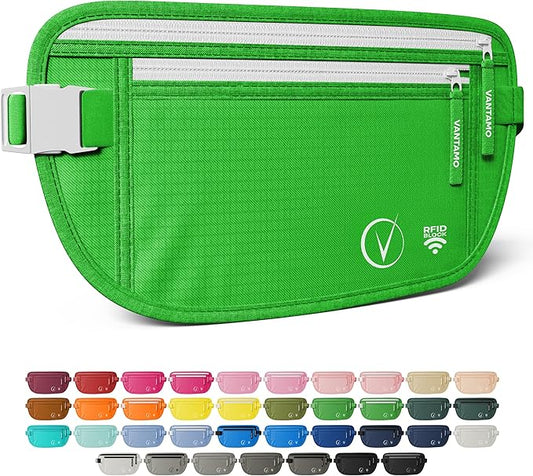 Vantamo Money Belt with RFID For Men & Women, Hidden Passport Holder for Travel, 2 Compartment Travel Fanny Pack for Women Anti Theft
