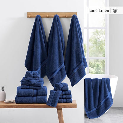 LANE LINEN 100% Mercerized Cotton Bath Towel Set of 18 – Zero Twist Shower Towels, 6 Bath, 6 Hand Towel & 6 Washcloths, Quick-Dry, Luxuriously Soft & Durable, Perfect for Everyday use – Navy