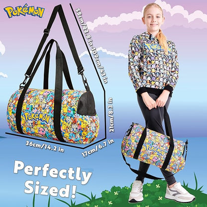 Pokemon Pikachu Duffel Kids Travel Bag - Gym Sports Overnight Holdall with Adjustable Strap & Pockets