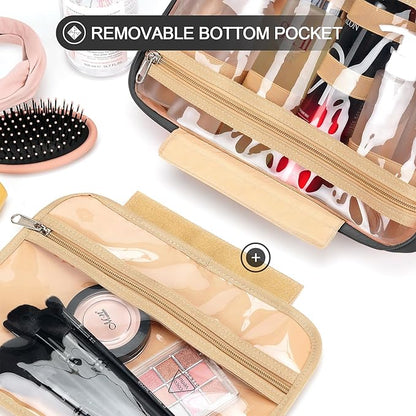 Travel Hanging Toiletry Bag for Women, Large Makeup Bag 8 Leak Proofing Silicone Bottle Covers, Waterproof Cosmetic Bag with Jewelry Organizer Compartment, Toiletries Kit Set, Black