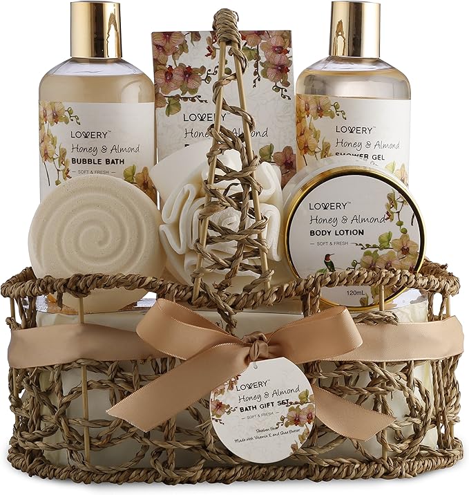 Christmas Gift Baskets for Women Gifts for Women Who Have Everything, Home Spa Honey & Almond Scent, Luxury Bath & Body Set - Shower Gel, Bubble Bath, Body Lotion, Salts, Bath Bomb, Bath Puff.