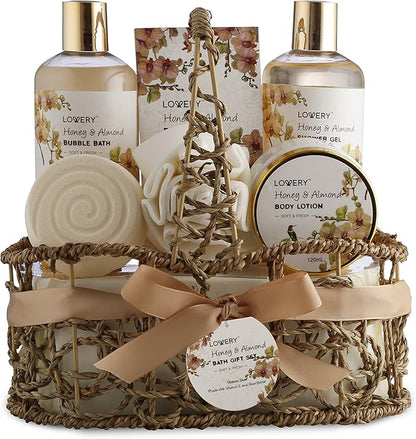 Christmas Gift Baskets for Women Gifts for Women Who Have Everything, Home Spa Honey & Almond Scent, Luxury Bath & Body Set - Shower Gel, Bubble Bath, Body Lotion, Salts, Bath Bomb, Bath Puff.