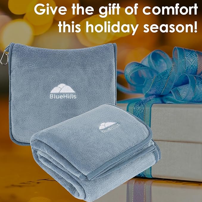 BlueHills Premium Soft Long Travel Blanket Pillow for Tall Airplane Flight Essentials Large Compact 2 in 1 Airline Throw Packable Warm Plane Traveling Comfort Accessories Grayish Blue T056