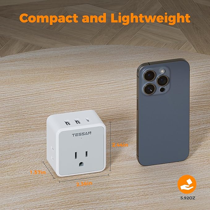 TESSAN Universal Travel Adapter Kit, 6-in-1 International Power Adapter with 3 USB (1 USB C) and 3 AC Outlets, Wordwide Adaptor Supports Type C, G, E/F, I, A, B for US EU UK Australia Japan, Grey