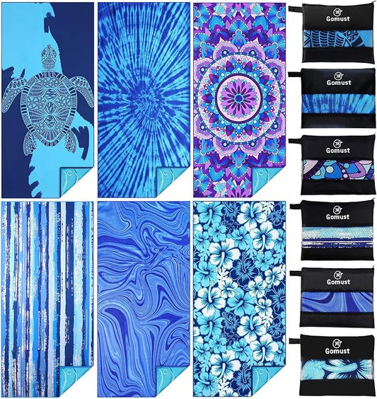 6 Pack Lightweight Thin Beach Towel Oversized 71"x32" Big Extra Large Microfiber Sand Free Towels for Adult Quick Dry Travel Camping Beach Accessories Gift Sea Turtle Mandala Tie Dye Stripe Laguna