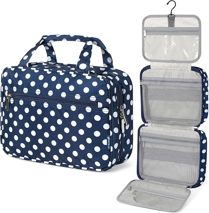PAVILIA Hanging Toiletry Bag Travel Bag Women Men, Foldable Cosmetic Organizer, Roll up Makeup Bag, Water Resistant Accessories Toiletries, Large Travel Essentials Kit (Navy Polka Dot)
