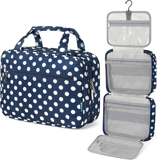 PAVILIA Hanging Toiletry Bag Travel Bag Women Men, Foldable Cosmetic Organizer, Roll up Makeup Bag, Water Resistant Accessories Toiletries, Large Travel Essentials Kit (Navy Polka Dot)