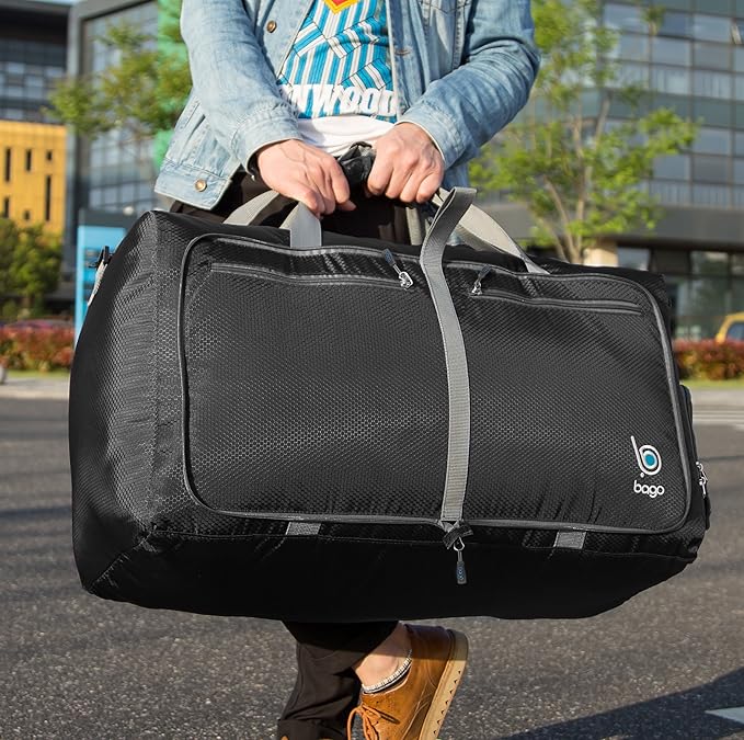 Bago Large Foldable Duffel Bags for Traveling Women & Men - 80L Packable Duffle Bag for Travel with Shoe Compartment - Water Repellant, Heavy Duty, Lightweight Folding & Collapsible (Black)