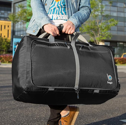 Bago Large Foldable Duffel Bags for Traveling Women & Men - 80L Packable Duffle Bag for Travel with Shoe Compartment - Water Repellant, Heavy Duty, Lightweight Folding & Collapsible (Black)
