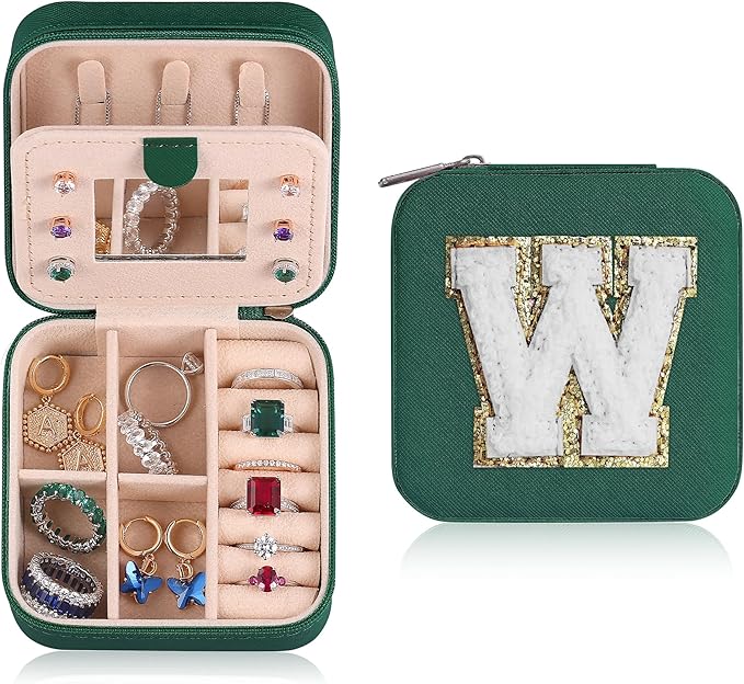 Parima Travel Jewelry Organizer for Women | Necklace, Earring, Ring Organizer | Women's Travel Gifts - Letter W, Green