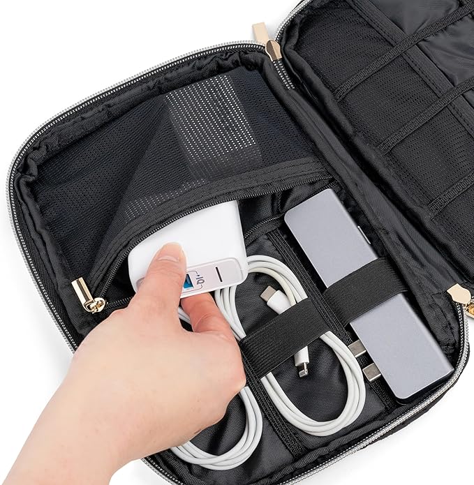 Pavilia Tech Organizer Case - Electronic & Cable Organizer, Small Charger Pouch, Black Quilted Travel Accessory