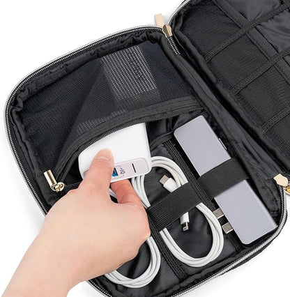 Pavilia Tech Organizer Case - Electronic & Cable Organizer, Small Charger Pouch, Black Quilted Travel Accessory