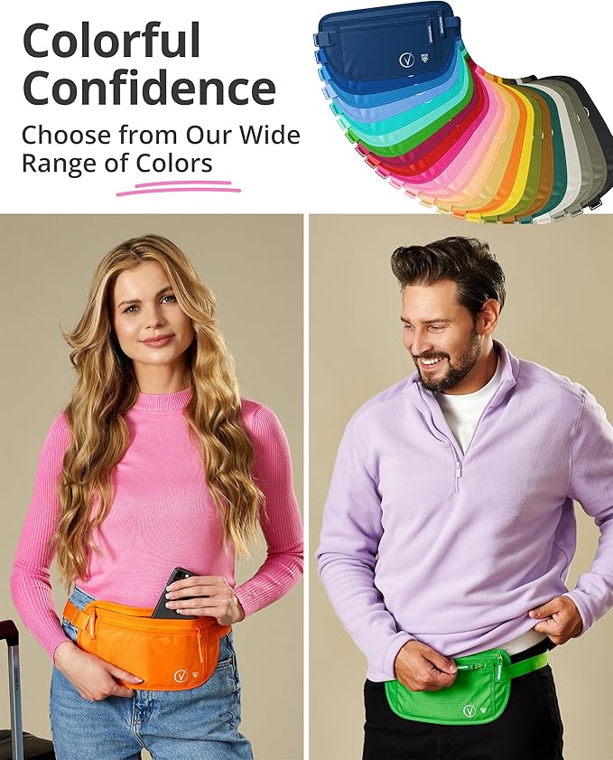 Vantamo Money Belt with RFID For Men & Women, Hidden Passport Holder for Travel, 2 Compartment Travel Fanny Pack for Women Anti Theft