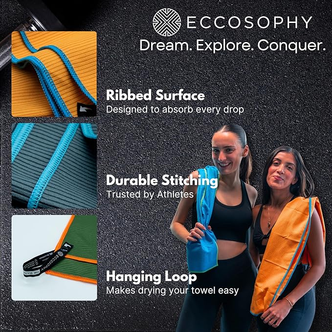 ECCOSOPHY Microfiber Beach Towel – Quick Dry Gym Towel, Highly Absorbent with Ribbed Texture, Lightweight – Ideal for Travel, Pool, Yoga, Fitness & Outdoor Adventures – 60x30 Fern