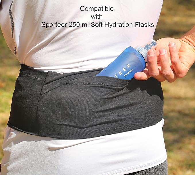 Sporteer VersaMod Running Belt, Workout Waist Pack, Travel Money and Passport Belt for Smartphones and Personal Items (Medium, Black)