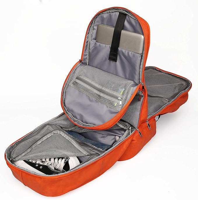 Sole Premise Leather Bag for Multi-functional Travel Carry-on with Shoe, Laptop and Clothes Compartments for Men & Women (Orange)