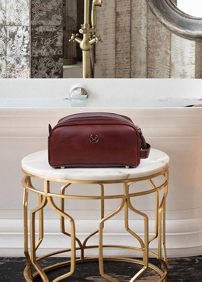 10" Premium Leather Toiletry Travel Pouch With Waterproof Lining Black Color | King-Size Handcrafted Vintage Shaving Kit By Aaron Leather Goods (Saddle Brown)