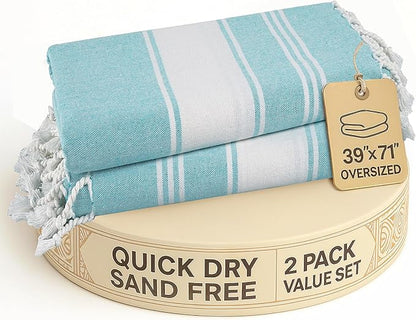 LANE LINEN Beach Towel 2 Pack, Oversized Beach Towel 39"x71", Lightweight Beach Essentials for Women, Large Pool Towel, Absorbent & Quick Dry, Sand Free Beach Towel - Aqua