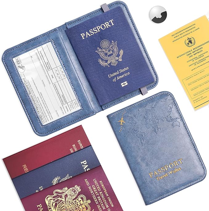 QIELIZI Passport Holder with Airtag Slot, Airtag Passport Wallet for Men Women, Slim Leather Passport Holder Case Family for Travel Anti-Lost(1-Grey Blue)