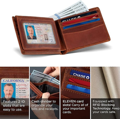 SERMAN BRANDS 2 ID Window Wallet for Men RFID Blocking Leather, Bifold Top Flip, Extra Capacity Travel Wallet
