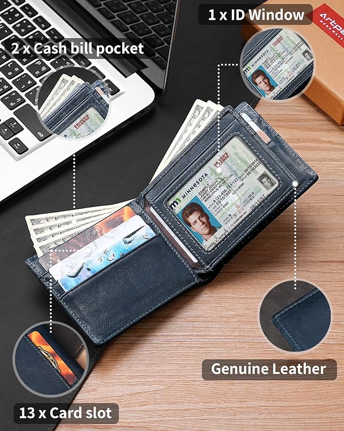 Mens Wallet Bifold Genuine Leather RFID Blocking Wallet for Men with 1 ID Windows 13 Card Holders 2 cash pockets 1 Gift Box
