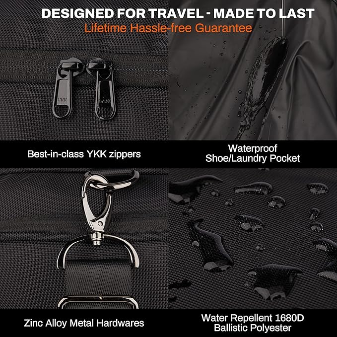 Tourenne 45L Travel Duffel Bag Foldable Weekender Sport Gym Duffle Carry On Luggage with shoe compartment wear/tear resistant water repellent 1680D Ballistic polyester - Black