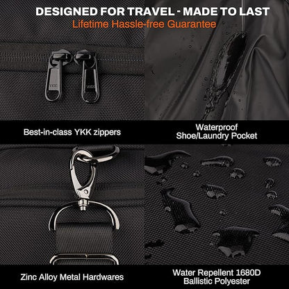 Tourenne 45L Travel Duffel Bag Foldable Weekender Sport Gym Duffle Carry On Luggage with shoe compartment wear/tear resistant water repellent 1680D Ballistic polyester - Black