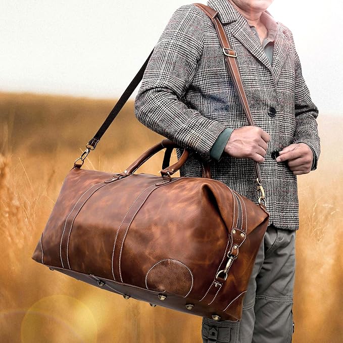 24 Inch Genuine Buffalo Leather Travel Duffle Bag, Overnight Weekend Leather Bag Sports Gym Duffel for Men, Airplane Under Seat Carry on Bags (Tan)