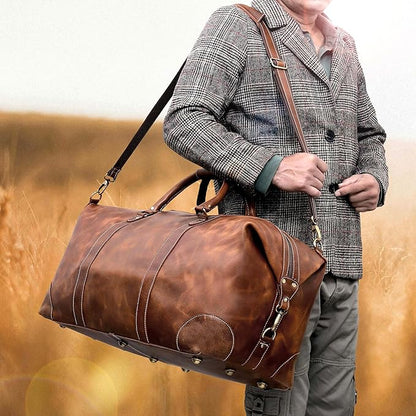 24 Inch Genuine Buffalo Leather Travel Duffle Bag, Overnight Weekend Leather Bag Sports Gym Duffel for Men, Airplane Under Seat Carry on Bags (Tan)