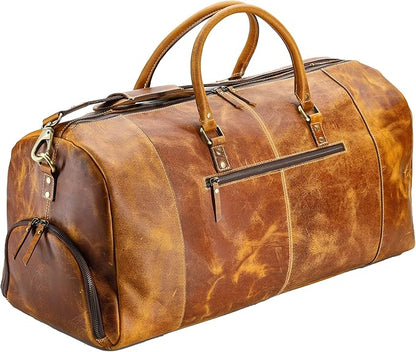 KomalC Leather Duffel Bags for Men and Women Full Grain Leather Travel Overnight Weekend Leather Bags Sports Gym Duffel for Men (Distressed Tan, 28 Inch)