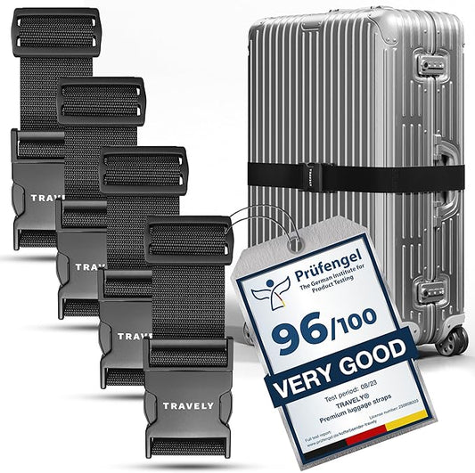 TRAVELY Luggage Straps - Particularly conspicuous & Secure - Incl. 4 Name Tags - Luggage Strap Ideal crosswise - [Set of 4]