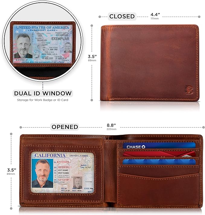 SERMAN BRANDS 2 ID Window Wallet for Men RFID Blocking Leather, Bifold Top Flip, Extra Capacity Travel Wallet