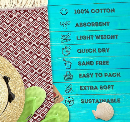 Bazaar Anatolia Turkish Beach Towel 100% Cotton Bath Towels Oversized Quick DryBathroom Towels Sand Free Camping Blanket 71x39 inches - Ethnic Maroon