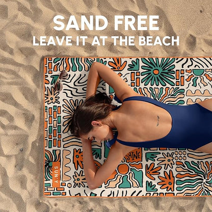 SUN'Y Waffle Microfiber Beach Towel – Sand Free, Quick Dry, Ultra Absorbent, Lightweight & Compact Travel Towel with Carry Bag - Large (63” x 31.5”), Groovy