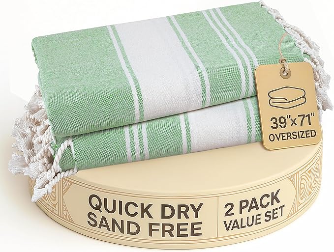 LANE LINEN Turkish Beach Towels, 2 Pack Extra Large Beach Towel, Pre-Washed for Soft Feel, Oversized Sand Free Quick-Dry Pool Towel, Beach Towels for Adults,39"x71" - Jade Green