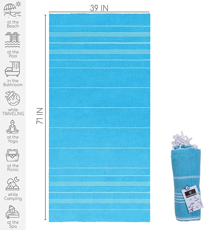 Turkish Beach Towel with Travel Bag 39 x 71 Quick Dry Sand Free Lightweight Large Oversized Beach Towel Turkish Towels Light Beach Towel Travel Towels (Turquoise)