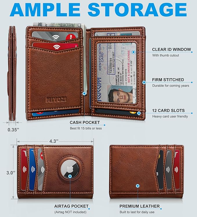 Airtag Slim Leather Wallet for Men - 12-Card Capacity, Magnetic Closure, Money Clip & Simplified Bill Compartment, RFID Blocking (4.3" x 3.0") | Gift Boxed