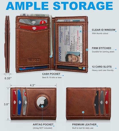 Airtag Slim Leather Wallet for Men - 12-Card Capacity, Magnetic Closure, Money Clip & Simplified Bill Compartment, RFID Blocking (4.3" x 3.0") | Gift Boxed
