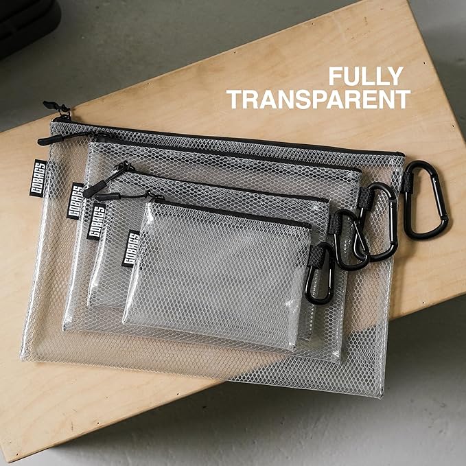 GOBAGS Air Production Multi‑Size Clear Zipper Pouch (4‑Pack) – Cable Organizer & Travel Gear Bag for Electronics, Camera Accessories, Tool Pouch & Small Tech Storage